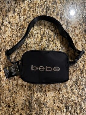 bebe Black satin Gold Rhinestone Logo Belt Bag